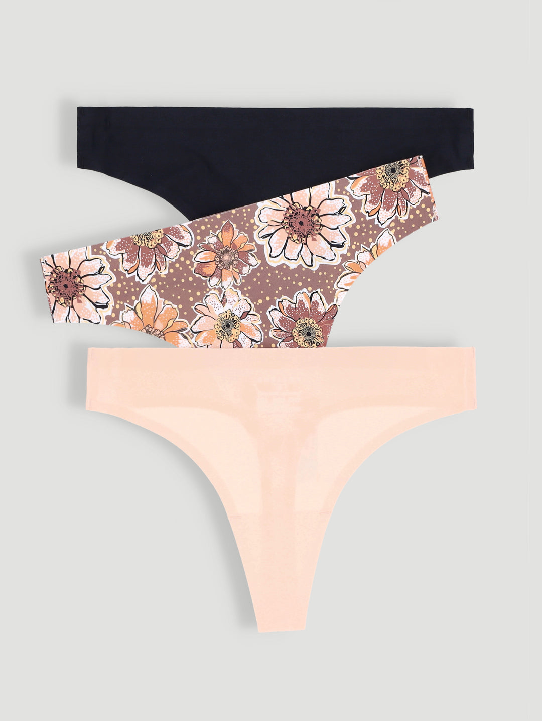 3 Pack Seemless Thong Panties - Floral/Pink/Black
