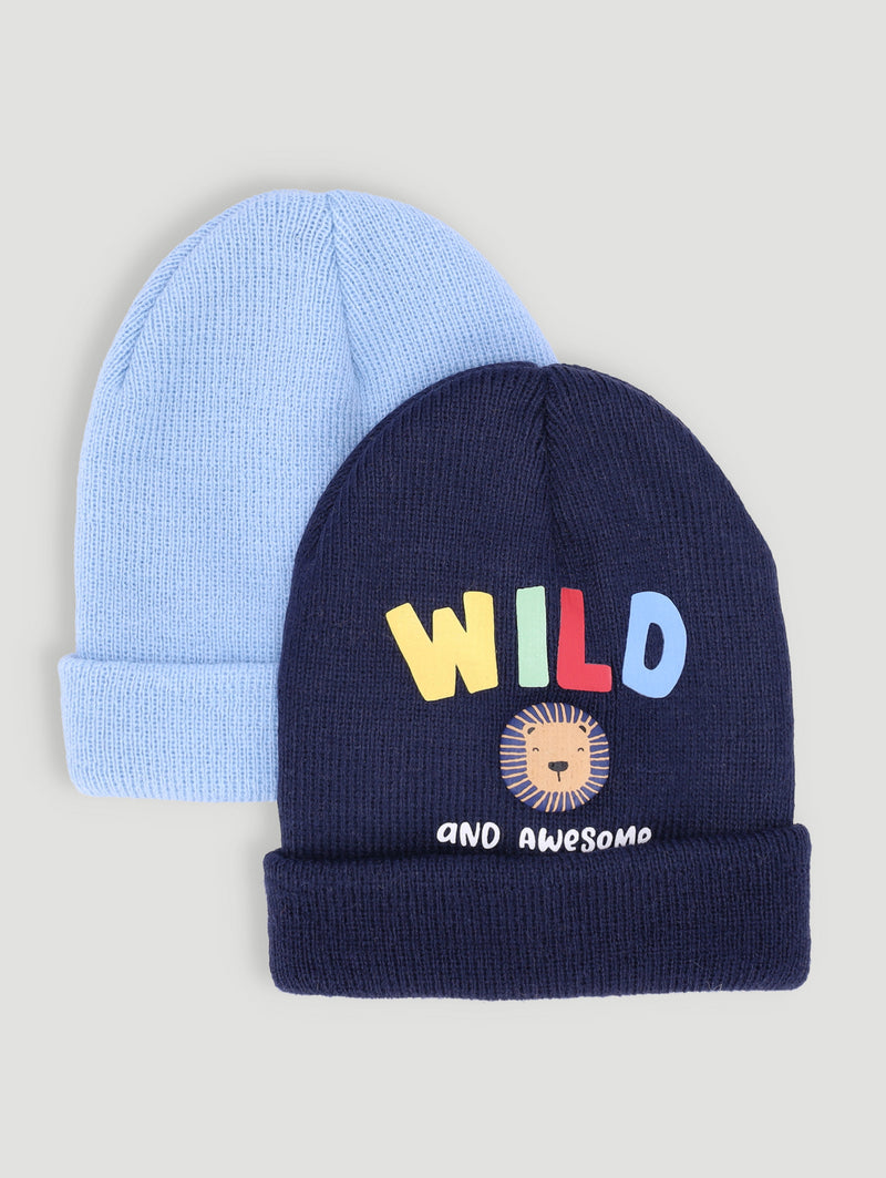 Baby Boys 2 Pack Wild And Awesome Beanie - Dark Navy