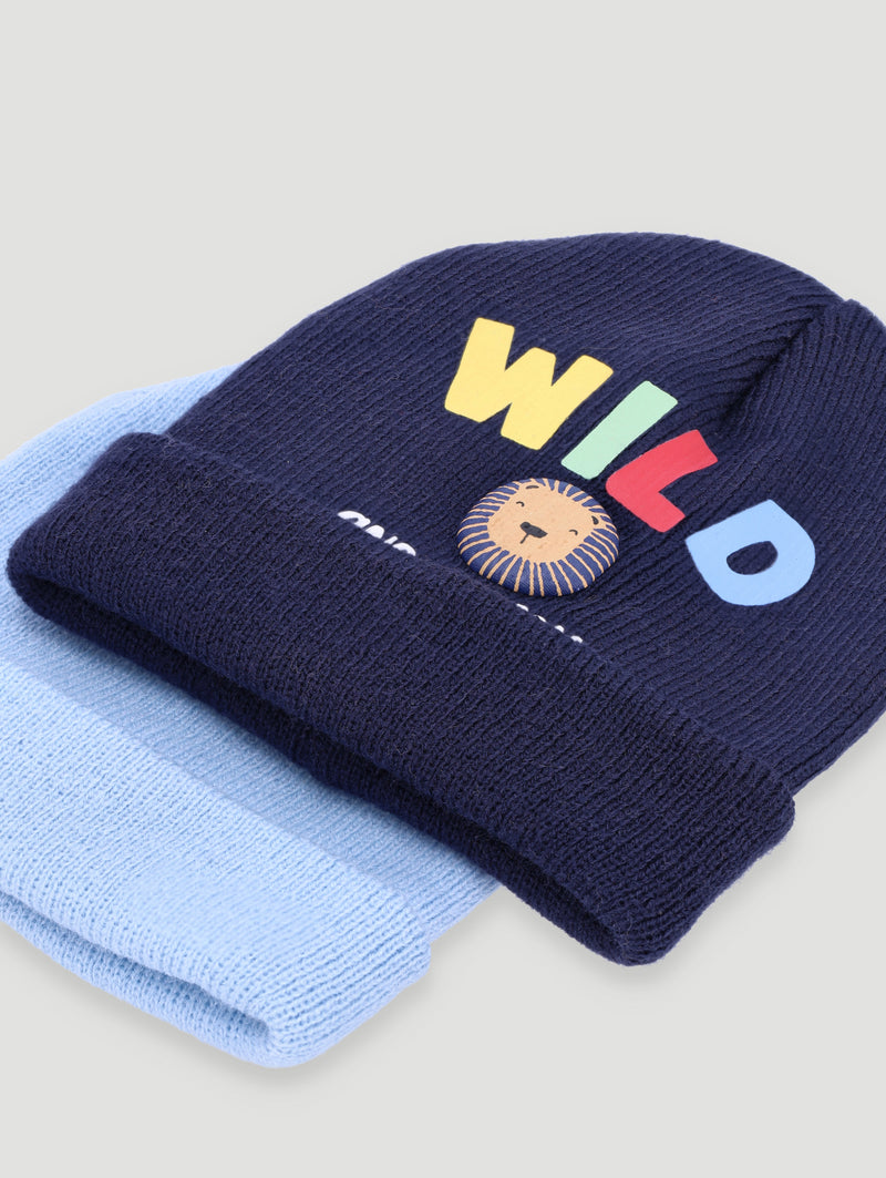 Baby Boys 2 Pack Wild And Awesome Beanie - Dark Navy