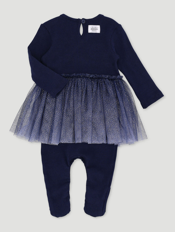 Keedo Baby Girls Premium Ribbed Cotton Lycra Babygrow With Ombre & Silver Tuille