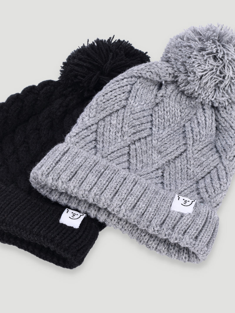 Baby Boys 2 Pack Bear Beanie - Black/Grey