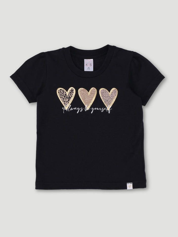 Pre-Girls Animal Print Hearts Basic Tee - Black