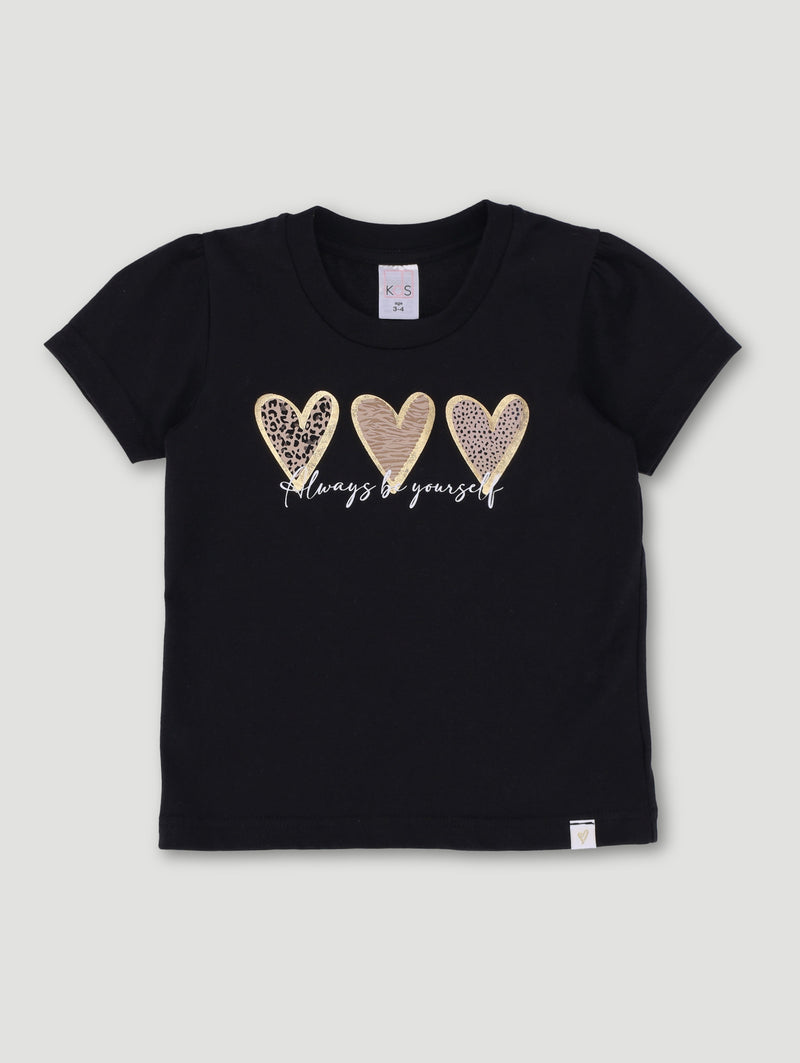 Pre-Girls Animal Print Hearts Basic Tee - Black