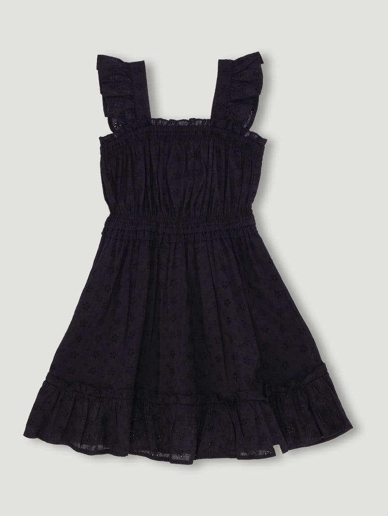 Pre-Girls Anglaise Strappy Frill Dress - Black