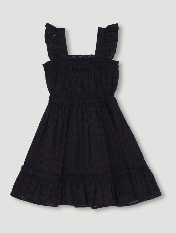 Pre-Girls Anglaise Strappy Frill Dress - Black