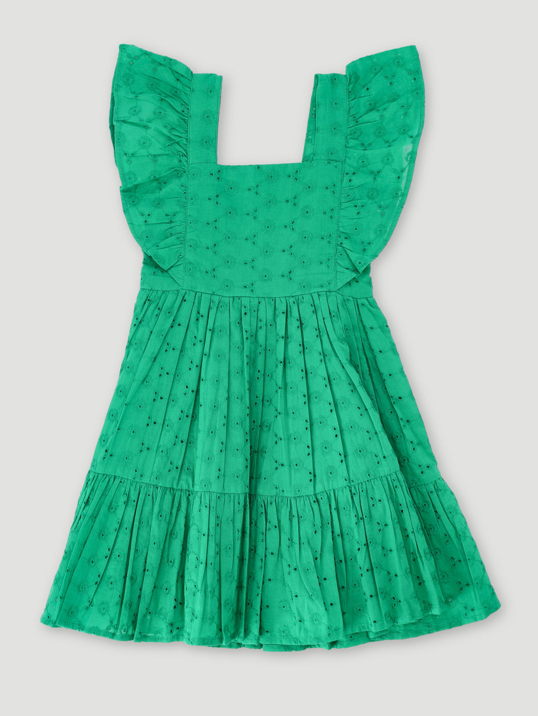 Pre-Girls Anglaise Frill Sleeve Dress - Green