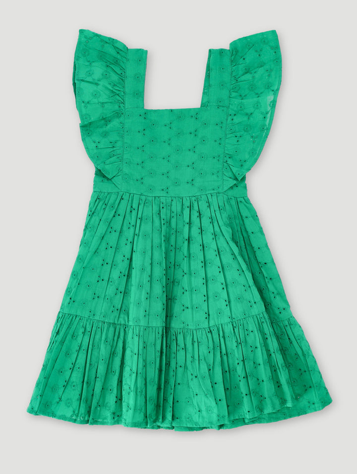 Pre-Girls Anglaise Frill Sleeve Dress - Green