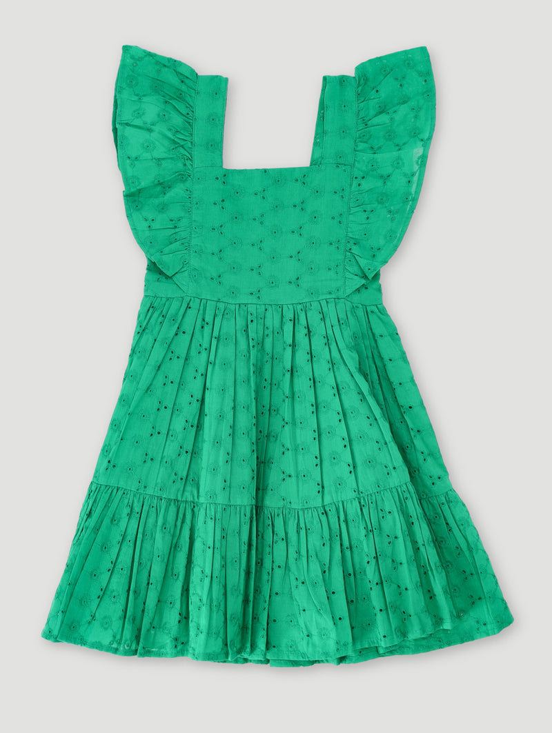 Pre-Girls Anglaise Frill Sleeve Dress - Green