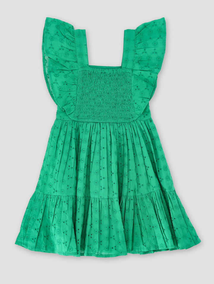 Pre-Girls Anglaise Frill Sleeve Dress - Green