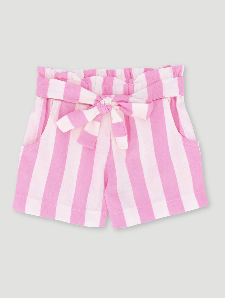 Pre-Girls Paper Bag Stripe Linen Short - Pink