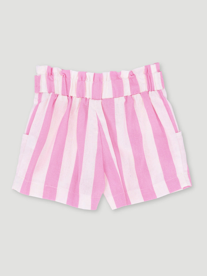Pre-Girls Paper Bag Stripe Linen Short - Pink