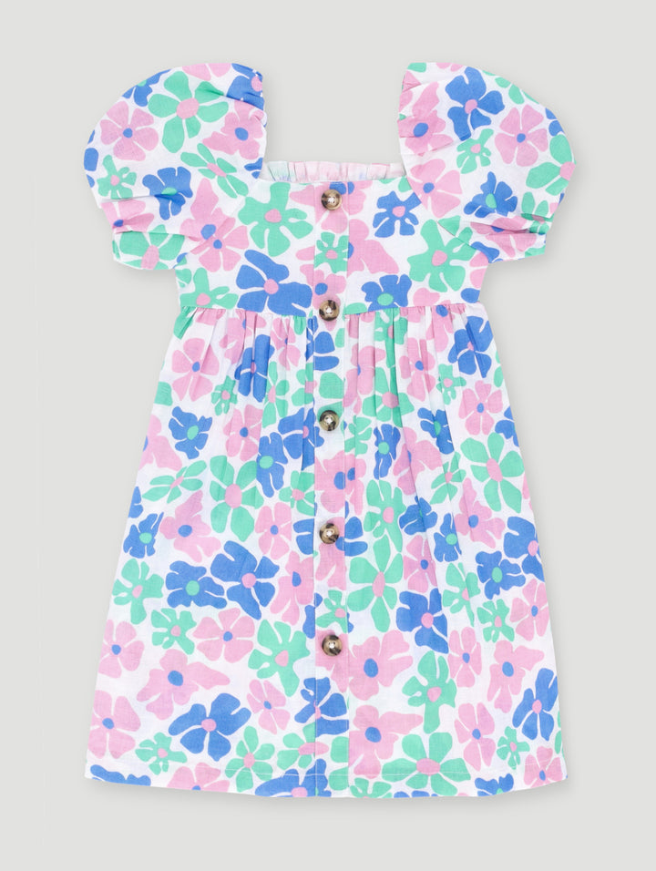Pre- Girls Bubble Sleeve Floral Printed Dress - Blue