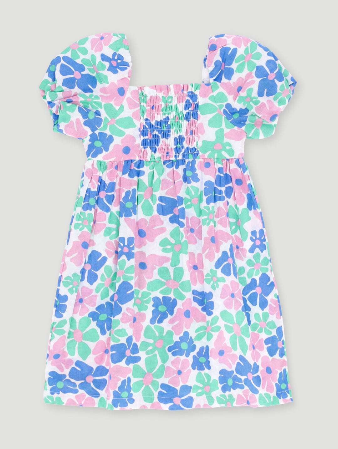 Pre- Girls Bubble Sleeve Floral Printed Dress - Blue