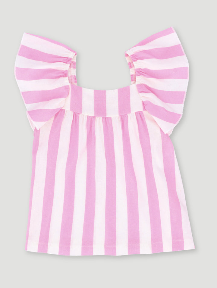Pre-Girls Frill Sleeve Stripe Linen Blouse - Pink/Stone