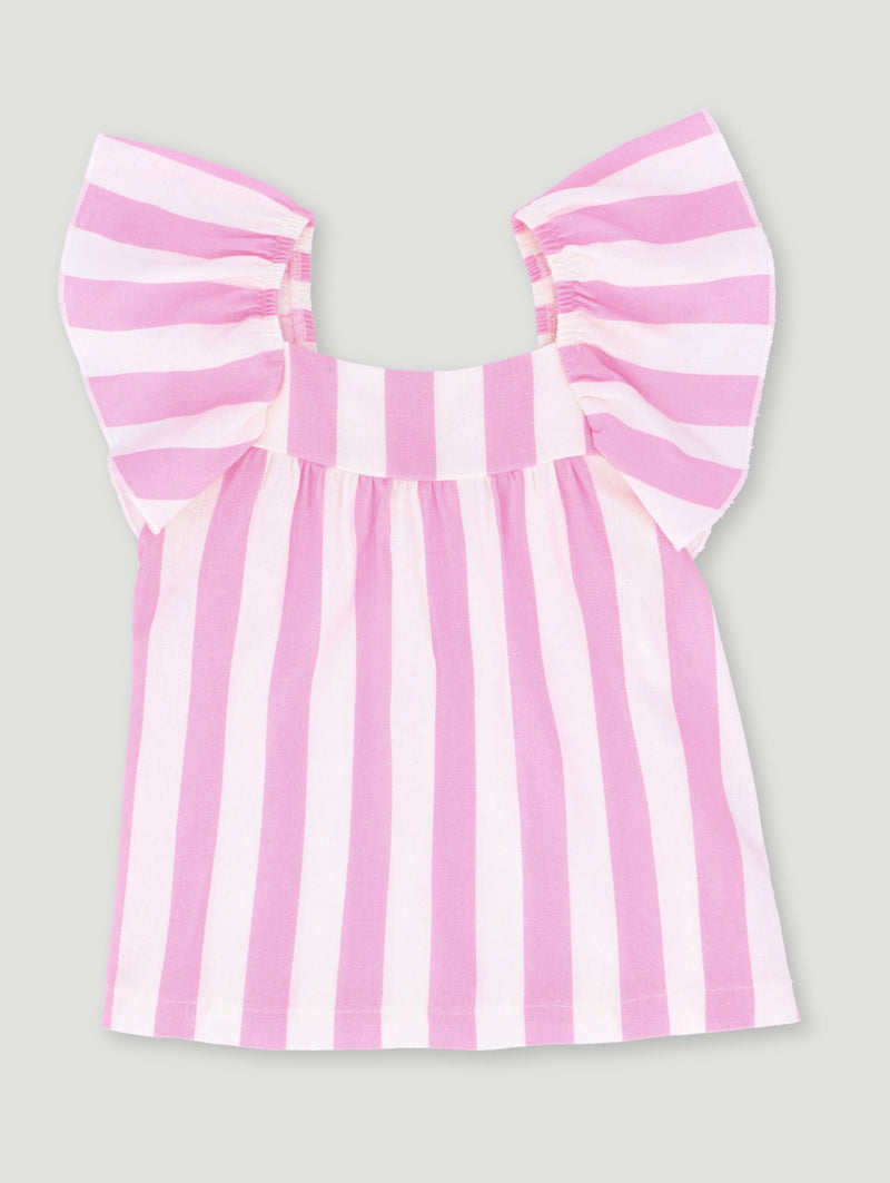 Pre-Girls Frill Sleeve Stripe Linen Blouse - Pink/Stone