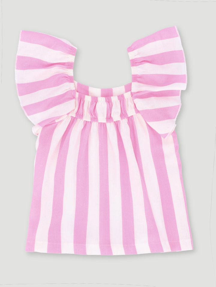 Pre-Girls Frill Sleeve Stripe Linen Blouse - Pink/Stone