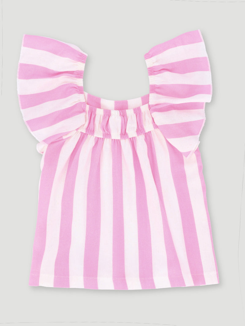 Pre-Girls Frill Sleeve Stripe Linen Blouse - Pink/Stone