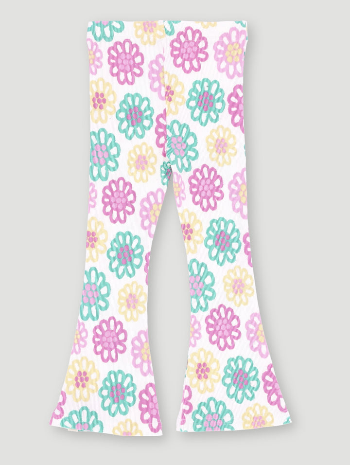 Pre-Girls Bright Floral Rib Flare Leg Pants - White