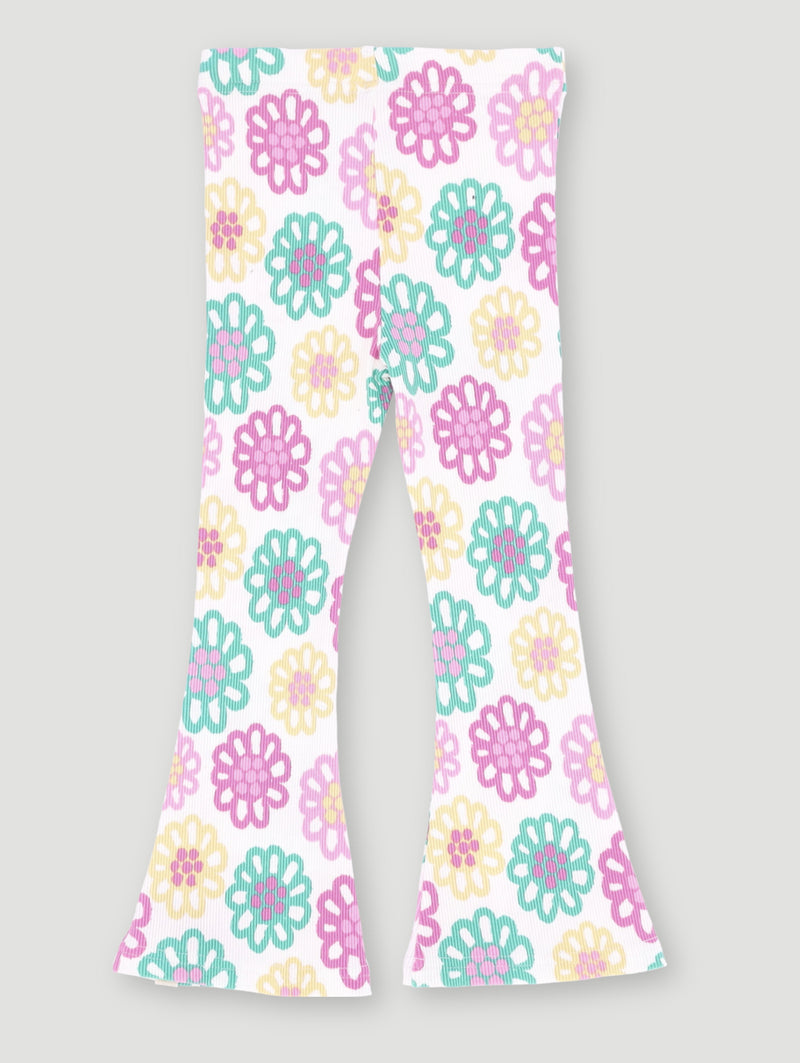 Pre-Girls Bright Floral Rib Flare Leg Pants - White
