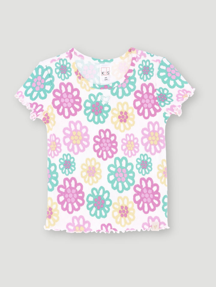 Pre-Girls Bright Floral Print Rib Tee - White