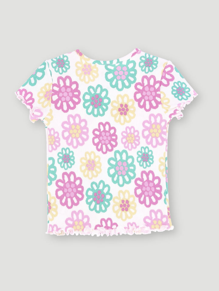 Pre-Girls Bright Floral Print Rib Tee - White
