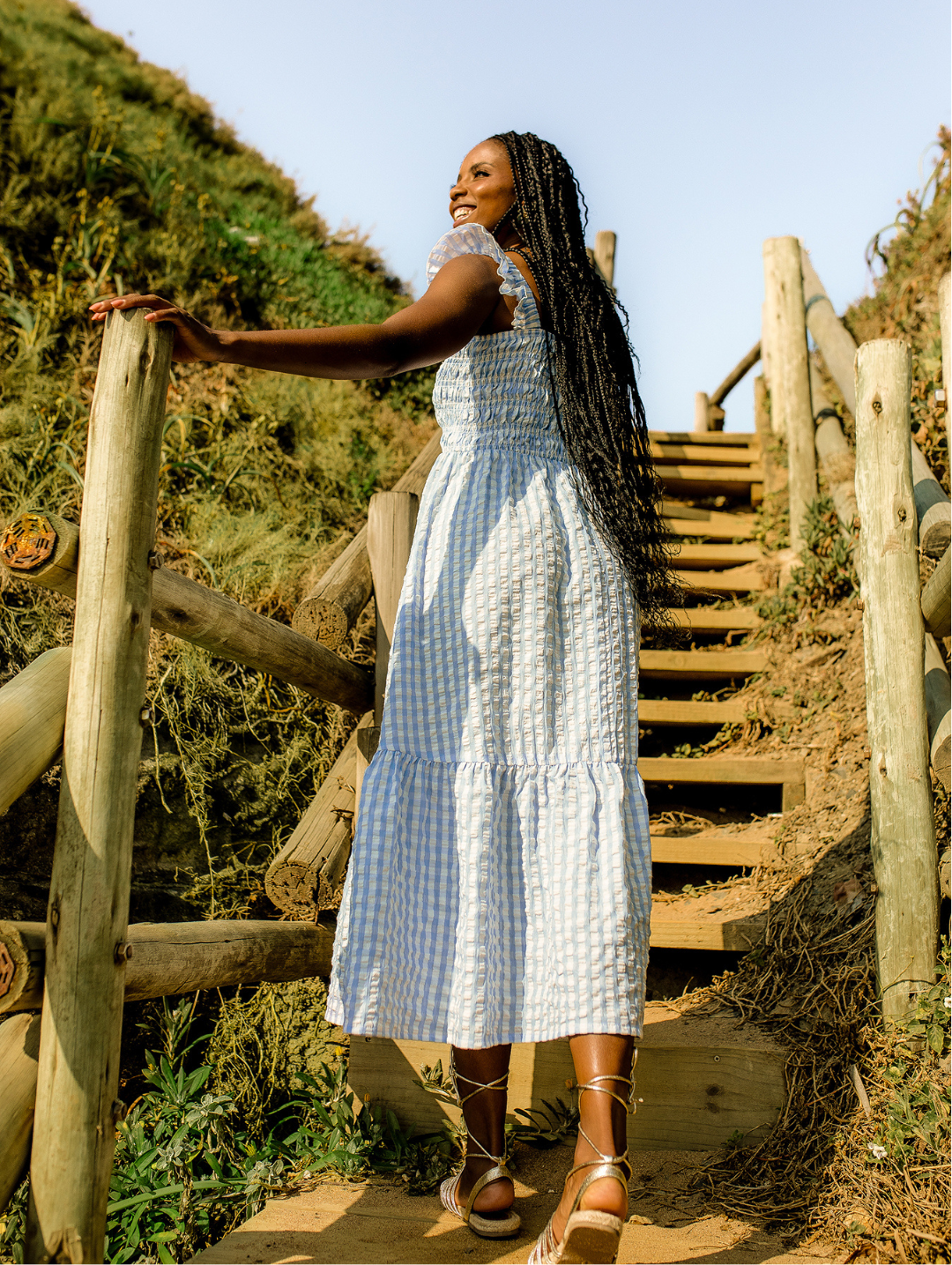 Frill Strap Shirred Bodice Frill Hem Midaxi Dress - White/Light Blue
