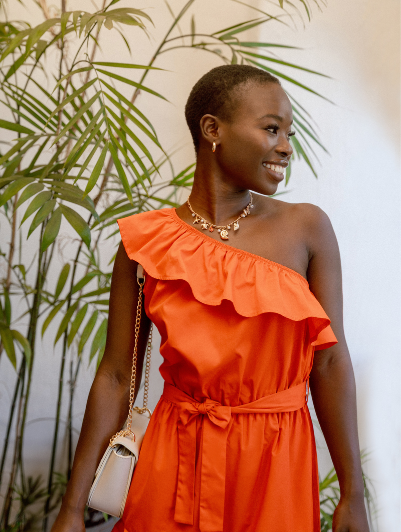 One Shoulder Frill Self Belted Tiered Mini Dress - Bright Orange