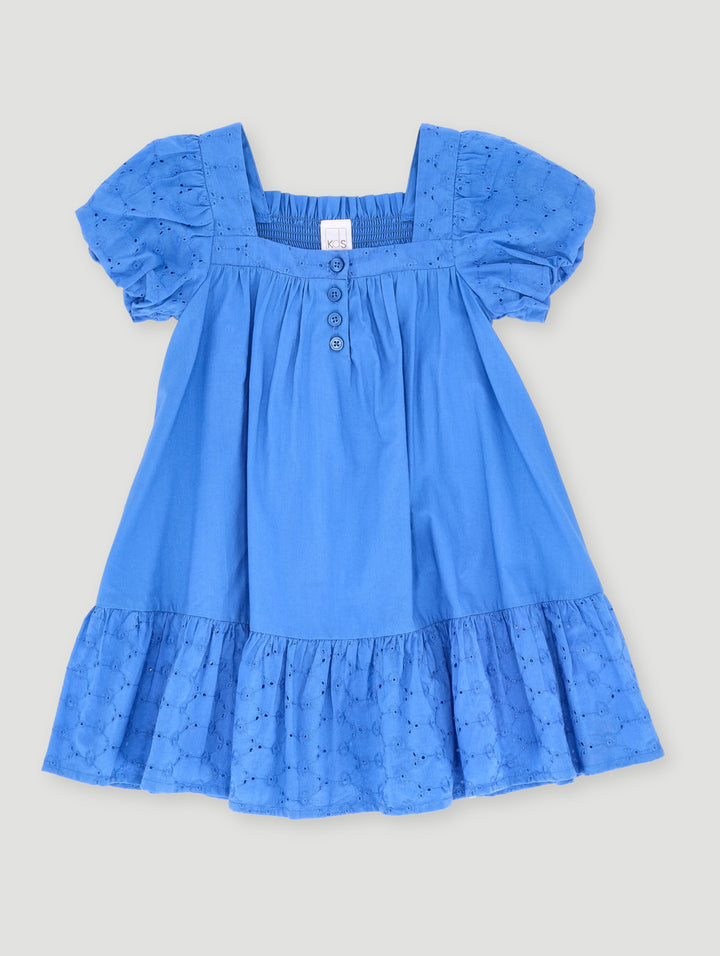 Pre- Girls Puff Sleeve Anglaise Dress - Cobalt