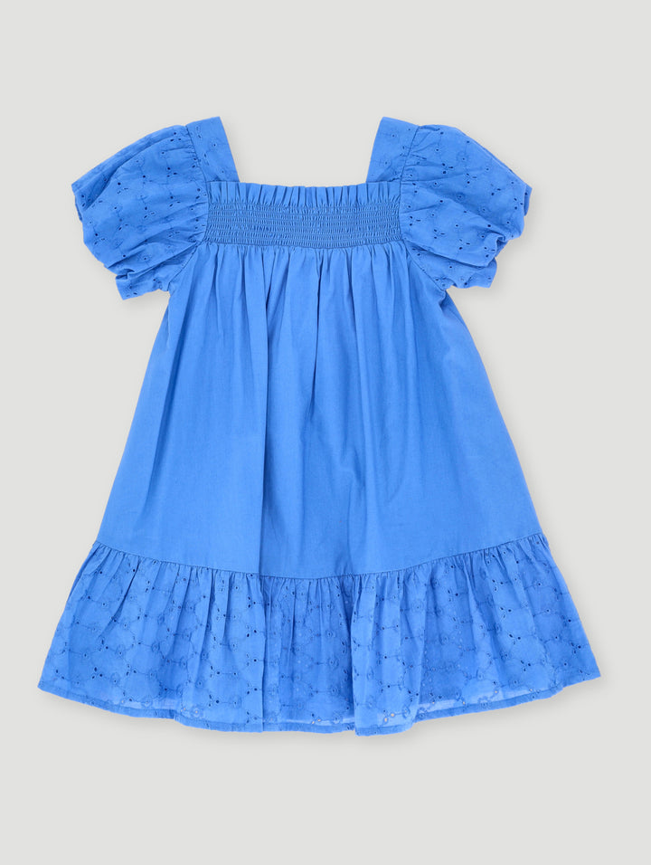 Pre- Girls Puff Sleeve Anglaise Dress - Cobalt