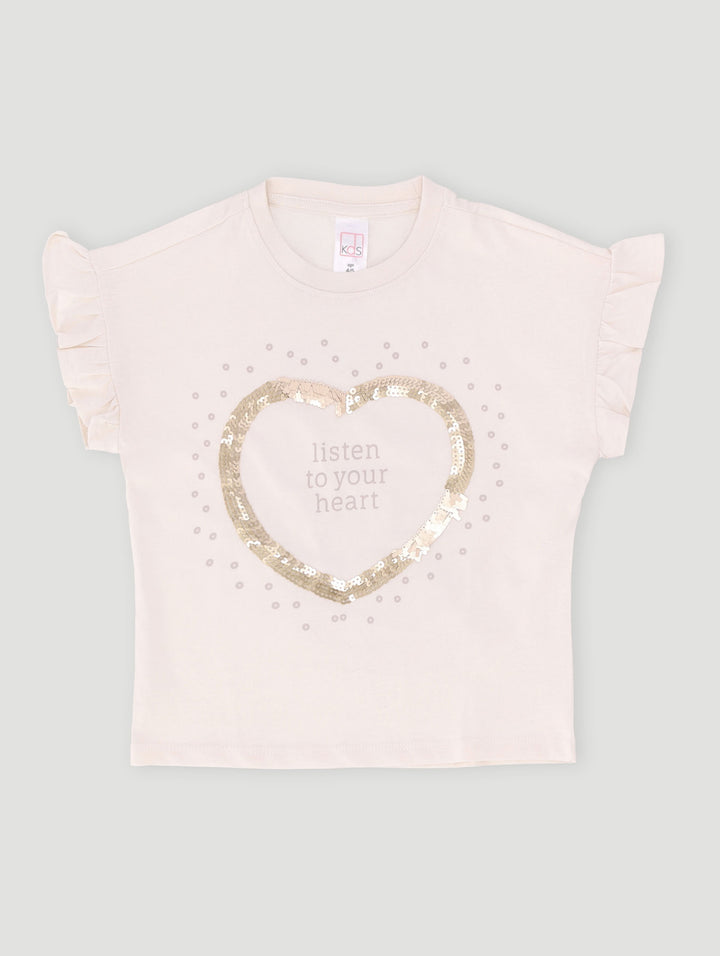 Pre-Girls Heart Sequin Tee - Cream