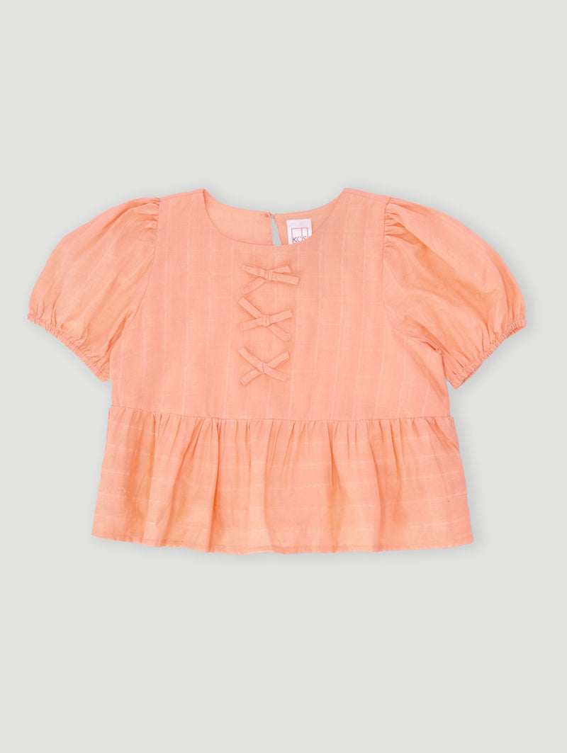 Pre-Girls Puff Sleeve Bow Top - Coral