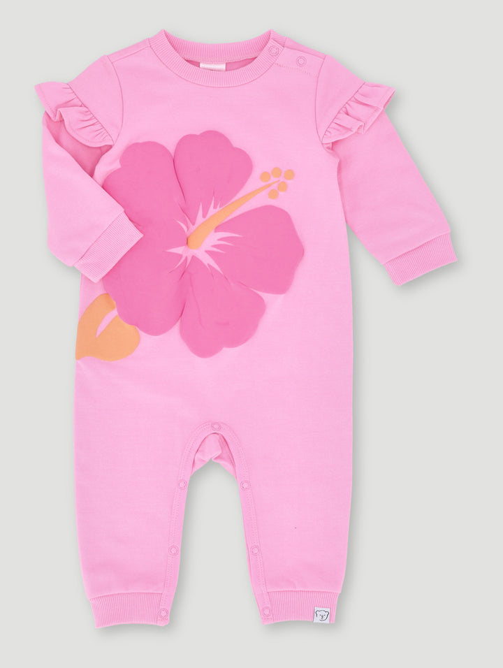 Baby Girls Brushed Fleece Flower Puff Print Playsuit - Dusty Pink
