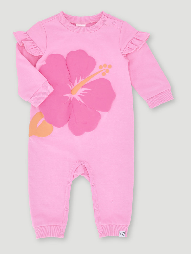 Baby Girls Brushed Fleece Flower Puff Print Playsuit - Dusty Pink