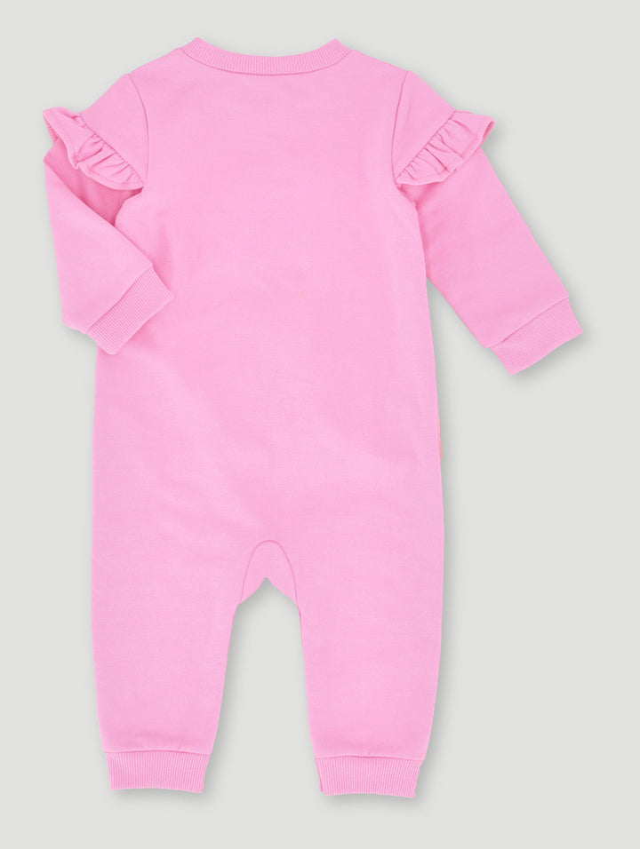 Baby Girls Brushed Fleece Flower Puff Print Playsuit - Dusty Pink
