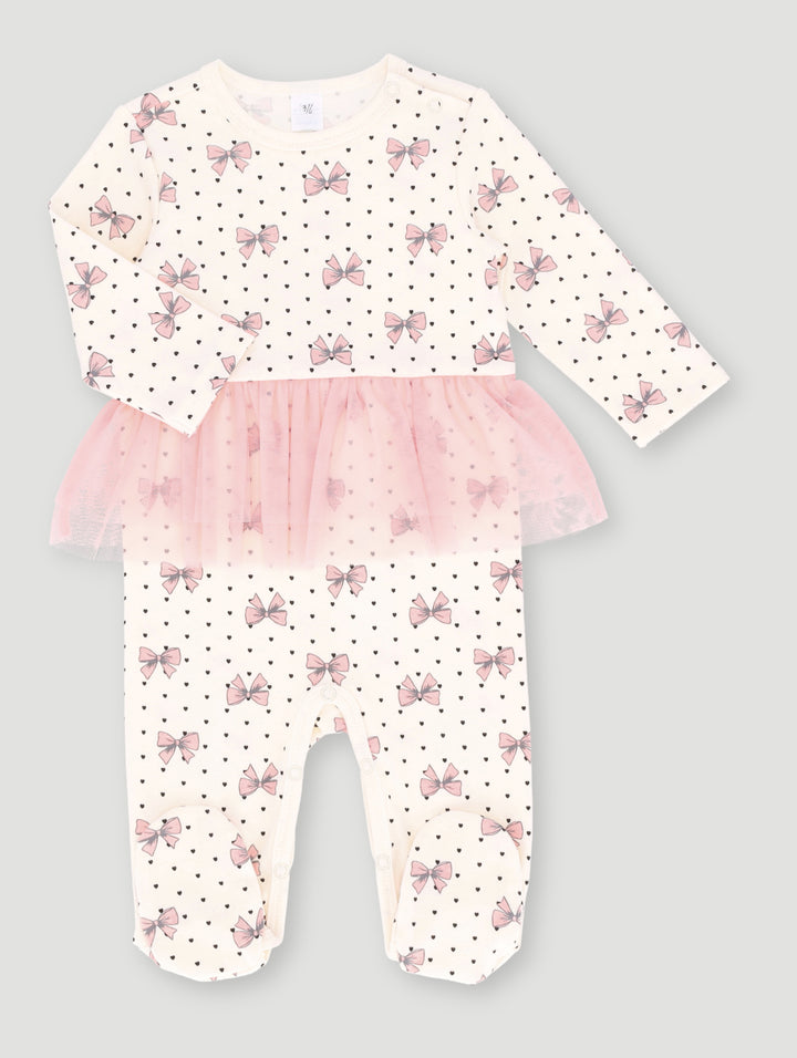 Baby Girls Knit Bow/Tulle Printed Sleepsuit - Cream Multi