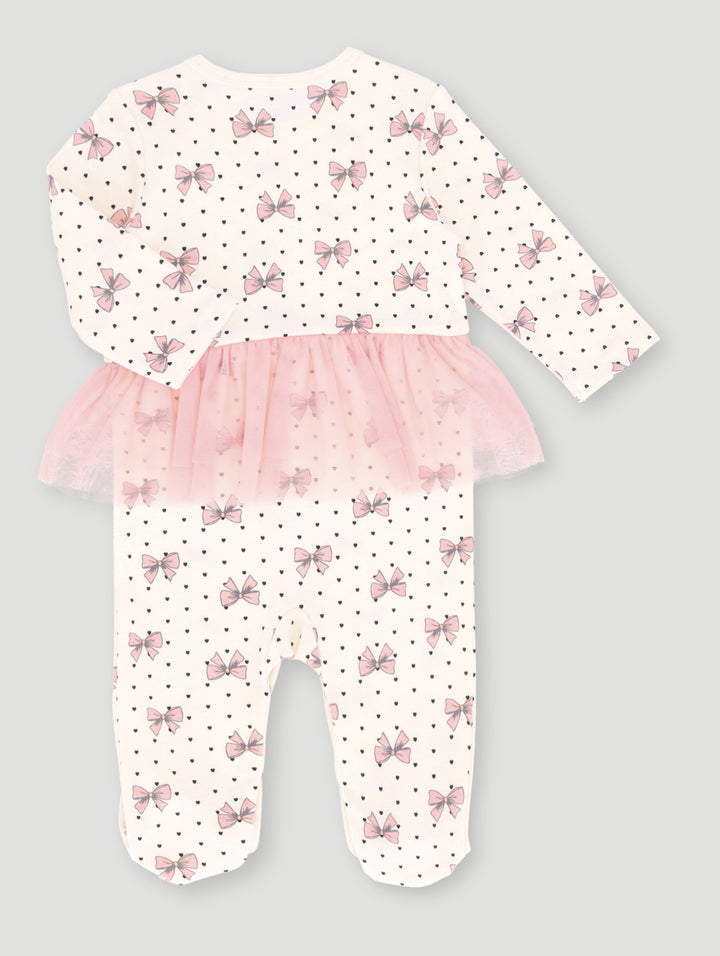 Baby Girls Knit Bow/Tulle Printed Sleepsuit - Cream Multi