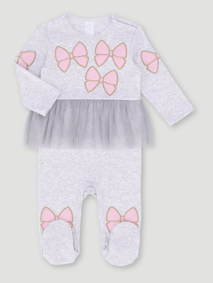 Baby Girls Tulle Bow Print Knit Sleepsuit - Ice Grey