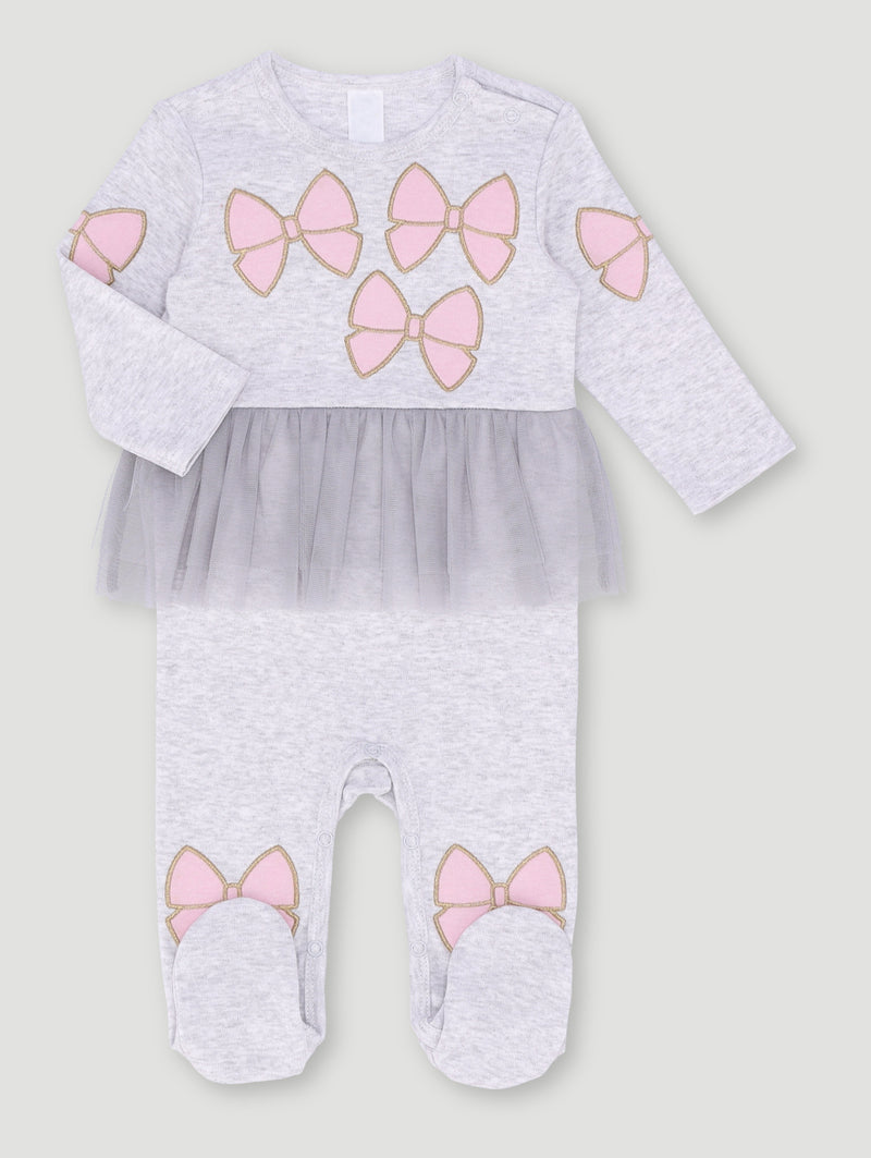Baby Girls Tulle Bow Print Knit Sleepsuit - Ice Grey