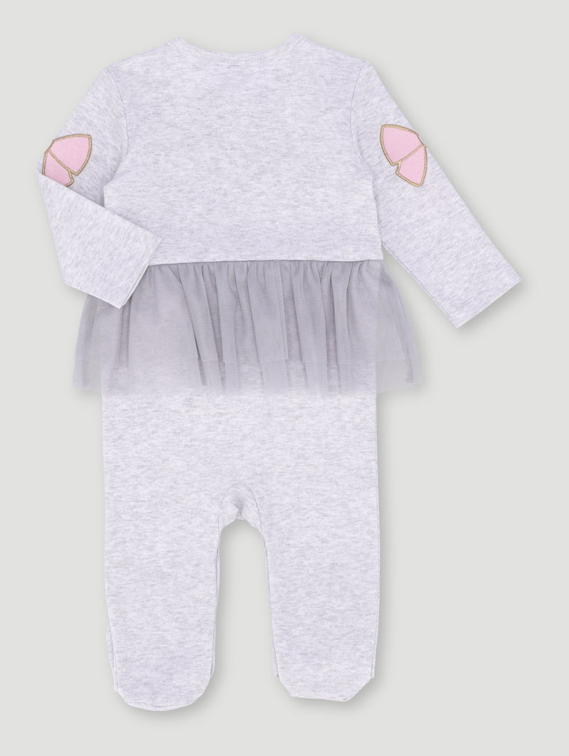 Baby Girls Tulle Bow Print Knit Sleepsuit - Ice Grey