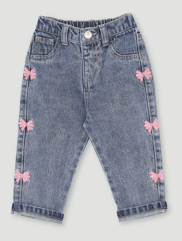 Baby Girls Pink Bow Embroidered Denim - Sky Blue