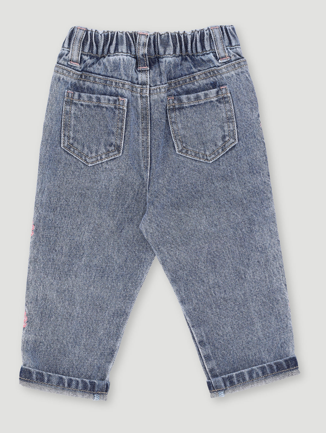 Baby Girls Pink Bow Embroidered Denim - Sky Blue