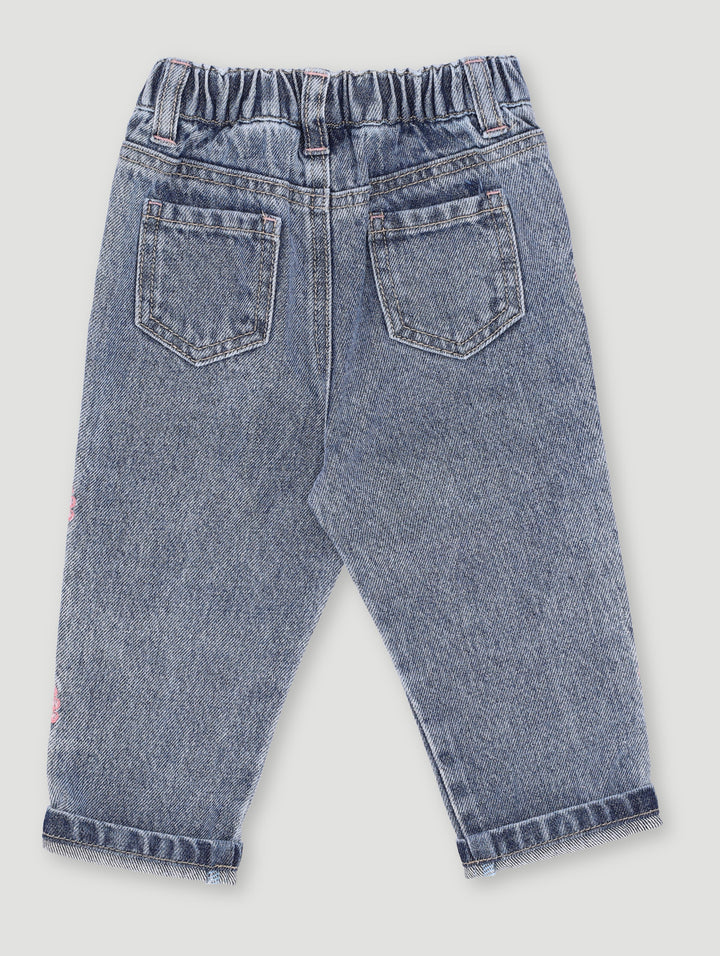 Baby Girls Pink Bow Embroidered Denim - Sky Blue