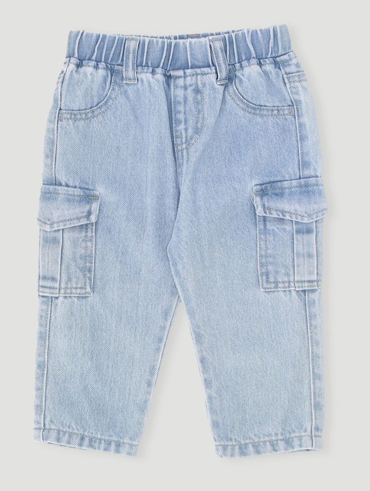 Baby Girls Denim Cargo Pants - Mid Blue