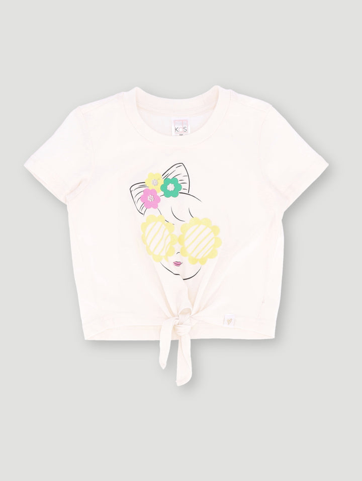 Pre-Girls Flower Glasses Tee With Tie Detail - Off White