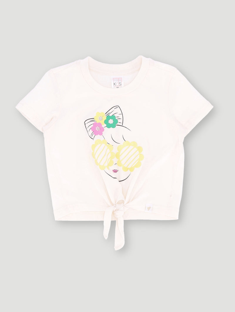 Pre-Girls Flower Glasses Tee With Tie Detail - Off White
