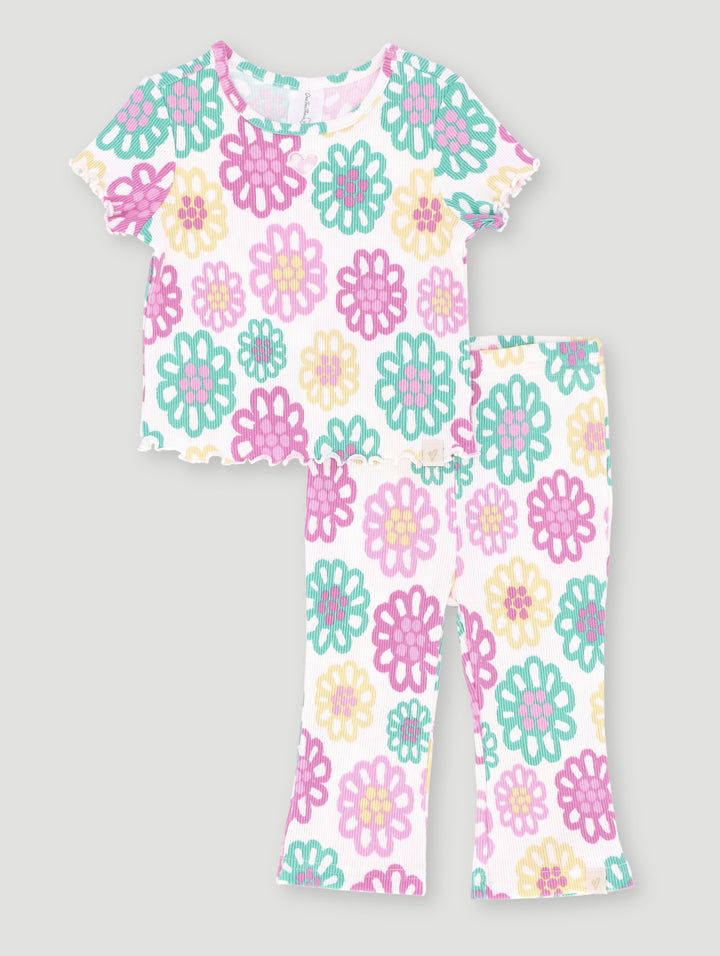Baby Girls Ribbed Flower Printed Set Knit - White Multi