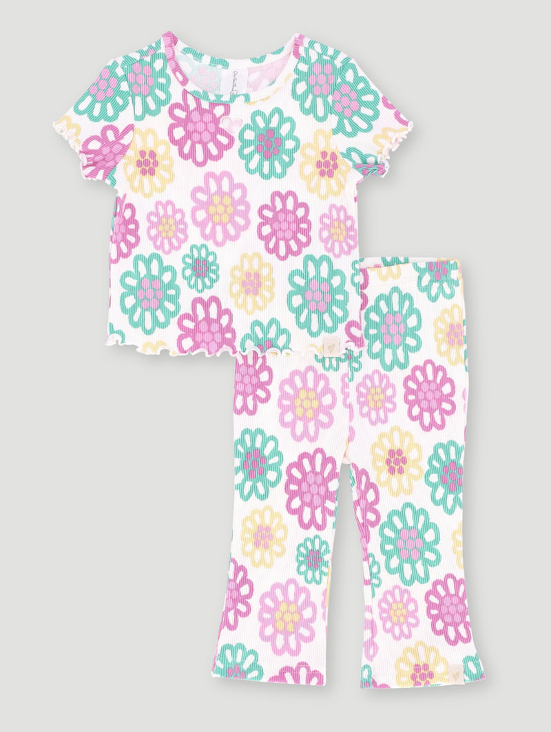 Baby Girls Ribbed Flower Printed Set Knit - White Multi