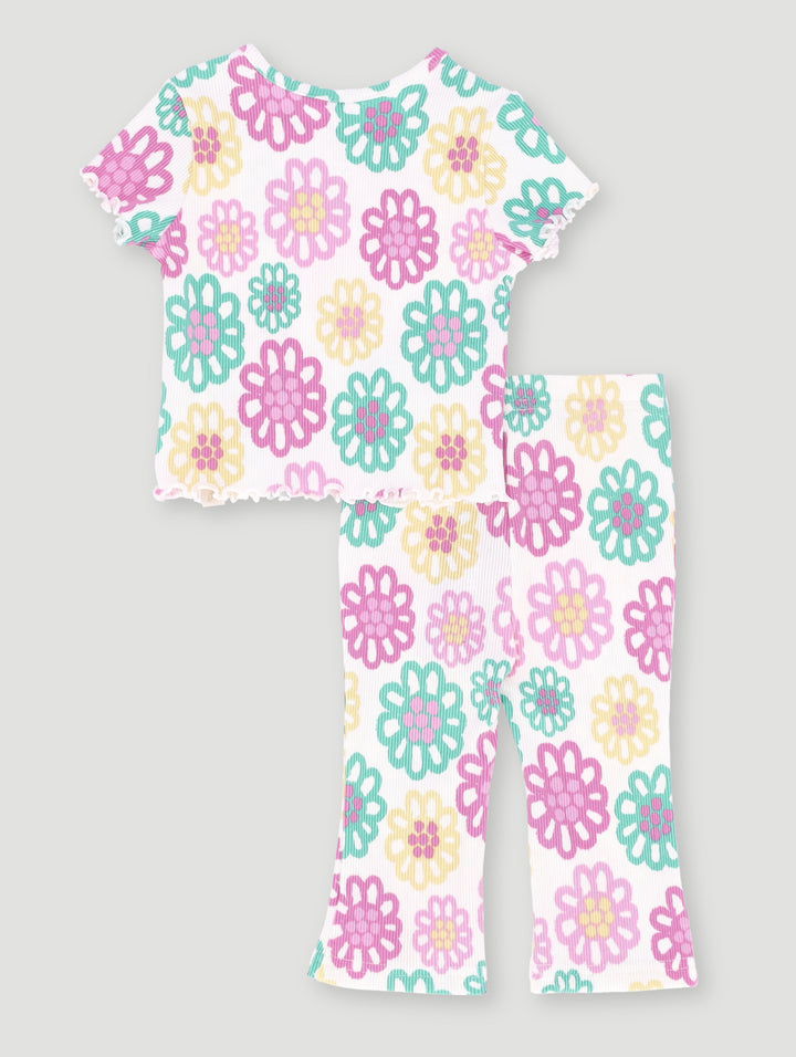 Baby Girls Ribbed Flower Printed Set Knit - White Multi