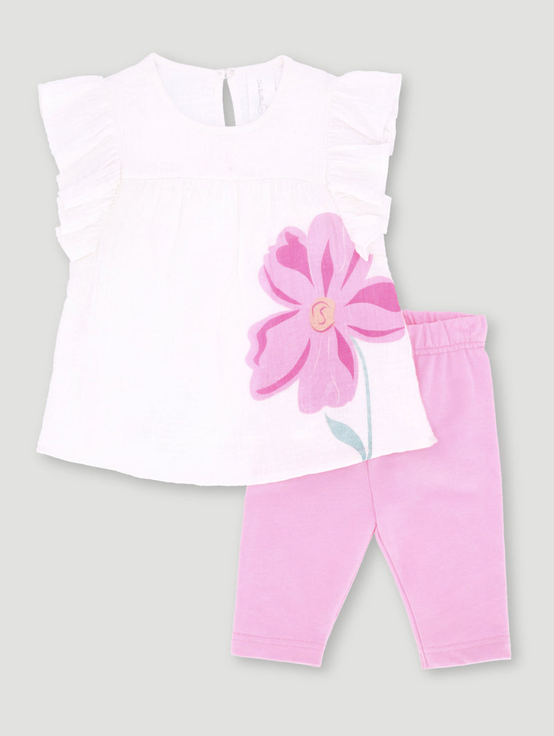 Baby Girls Frill Flower Woven Tunic Set - Pink