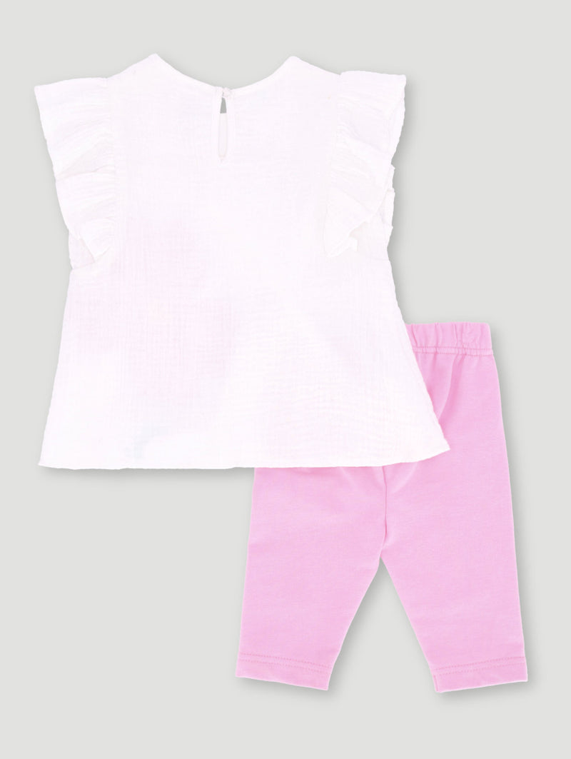 Baby Girls Frill Flower Woven Tunic Set - Pink